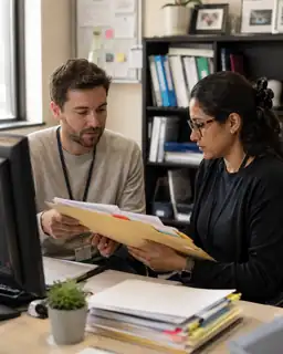 Research professionals reviewing organized documentation for handoff to the research team.