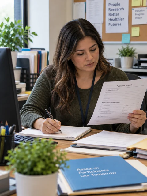 Enrollment professional reviewing patient-reported intake information using a preliminary prescreening workflow.